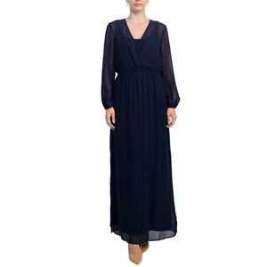 Adrianna Papell V-Neck Illusion Elastic Cuff Long Sleeve Slit Side Chiffon Dress